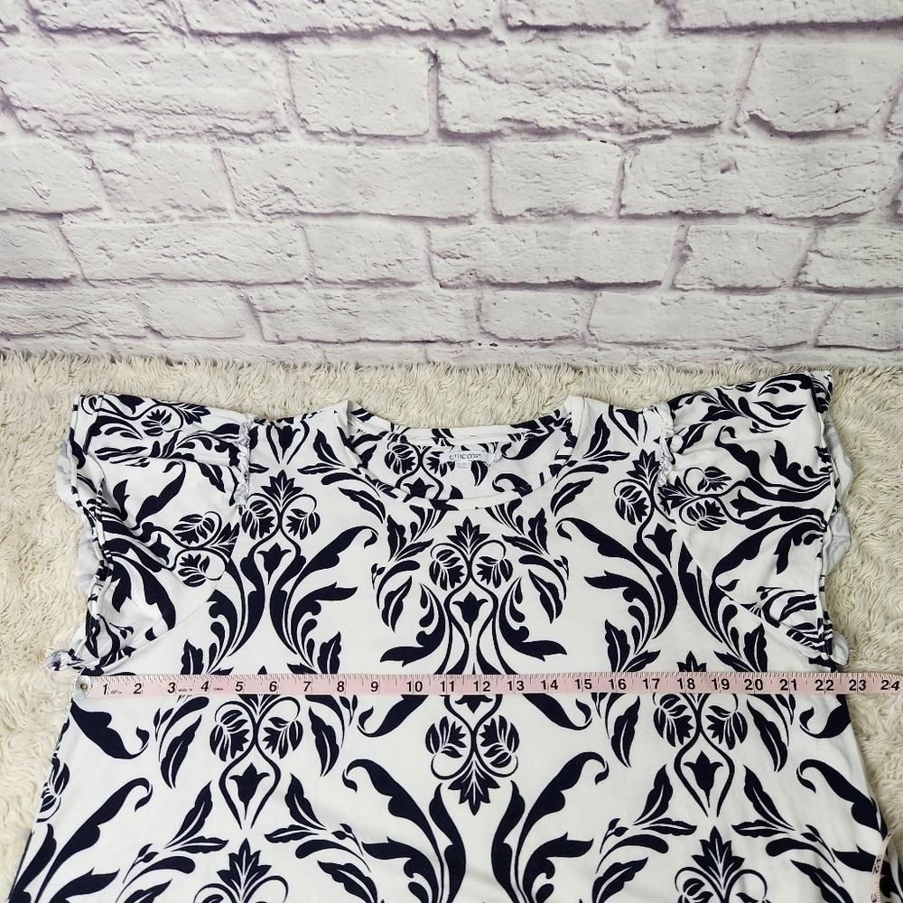 CHICOS Swirl Ruffle Sleeve Tee Sz 3 US XL Black & White - Picture 4 of 9